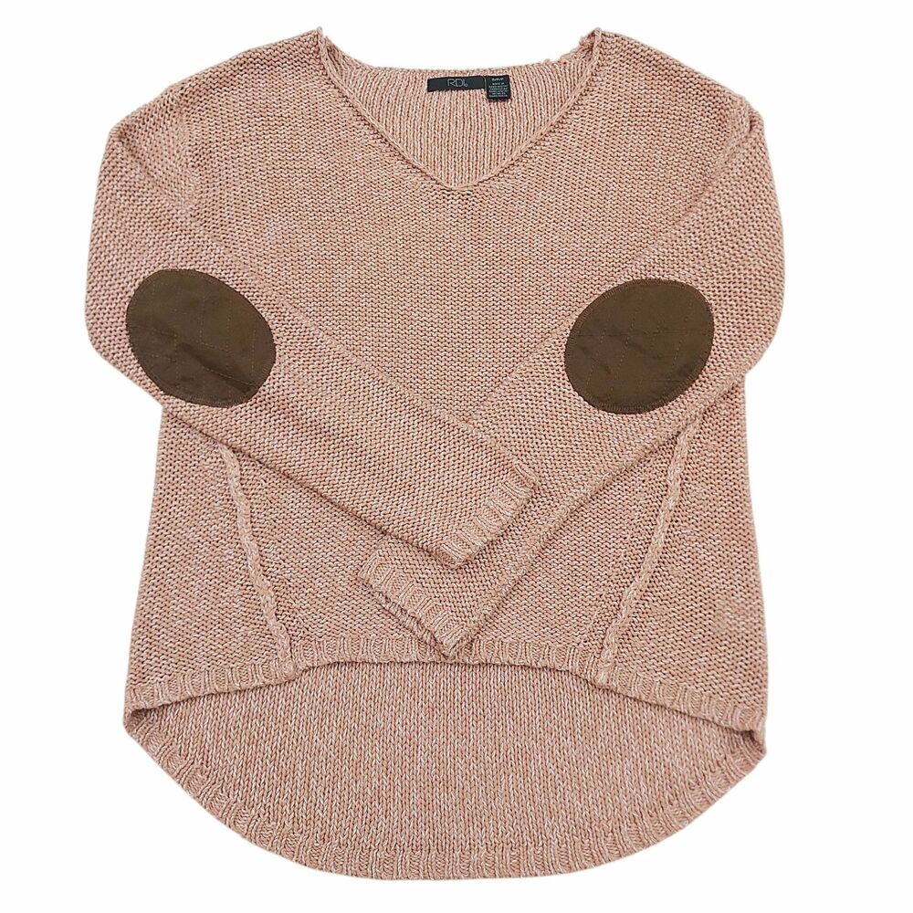 RDI Sweater Womens Small Pink Beige V-Neck Faux Suede Elbow Patch Knit Fall - Picture 2 of 11